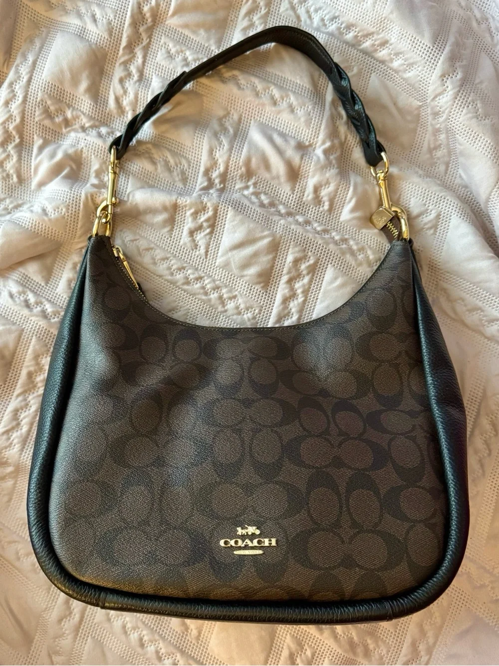 Coach Brown & Black Signature Hobo Jules Bag with Gold Hardware